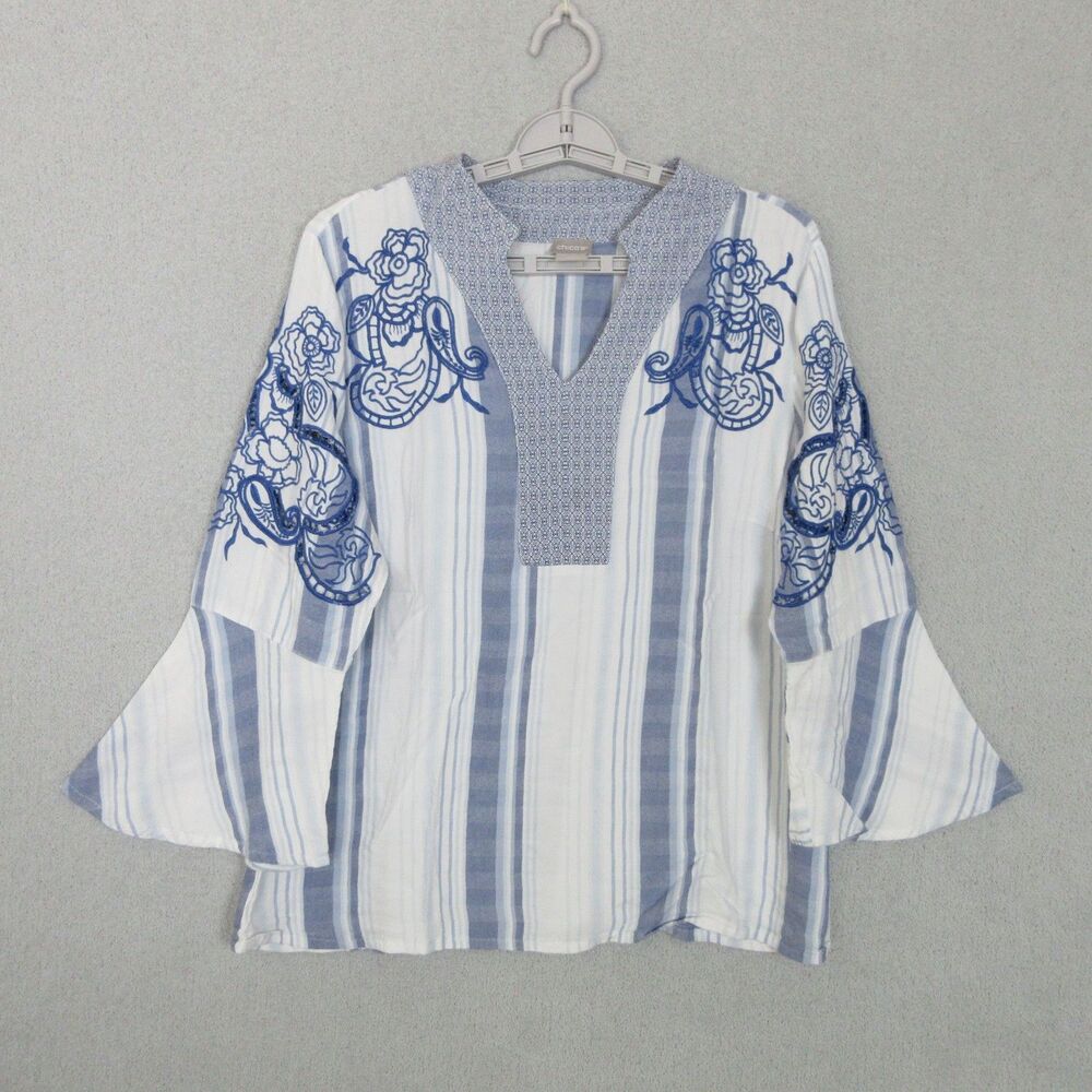 Chico's Embroidered Striped Blue and White Tunic Size 2/Large Bell Sleeve V-Neck